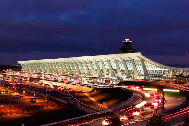 Washington Dulles Airport (IAD) is located 26 miles (42 km) west of downtown Washington, US.